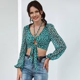 Women's V-neck Cut-out Bandage Green Shirt Sai Feel